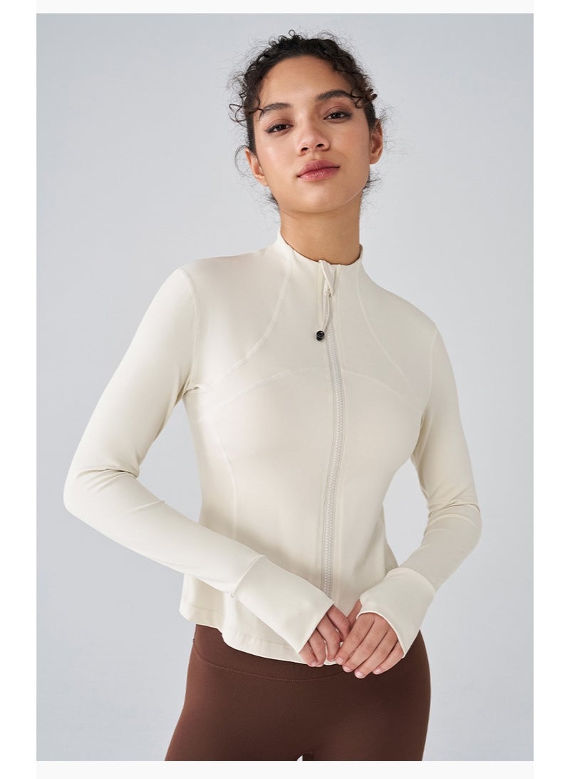 النساء الأكمام الطويلة رقيقة تناسب الوقوف طوق حماية الشمس سترة رياضية تنفس بدلة اليوغا بيج - Image 3