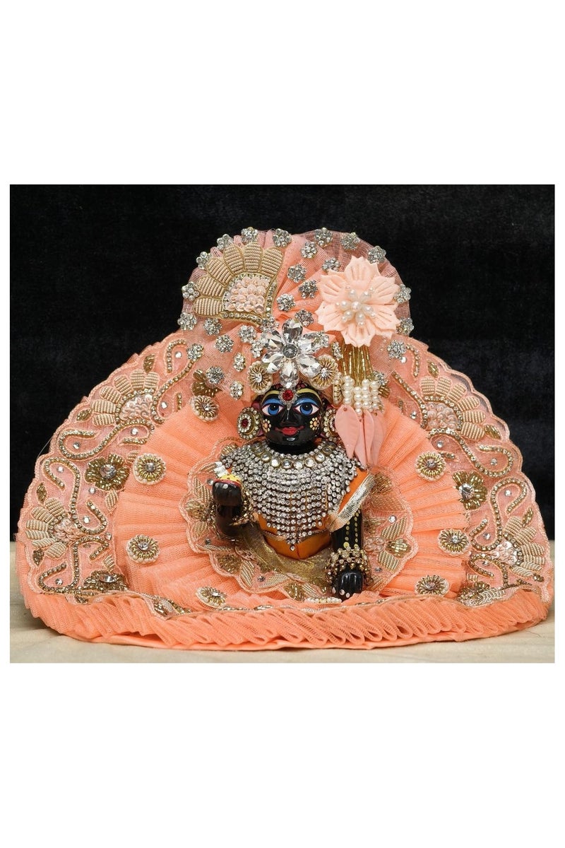 Decorative Ladoo Gopal Krishna Dress, Traditional Poshak with Rhinestone Embellishments, Peach and golden, Size ; 10 inches. It includes pagdi, duppata and dress and matching mala of peach color.