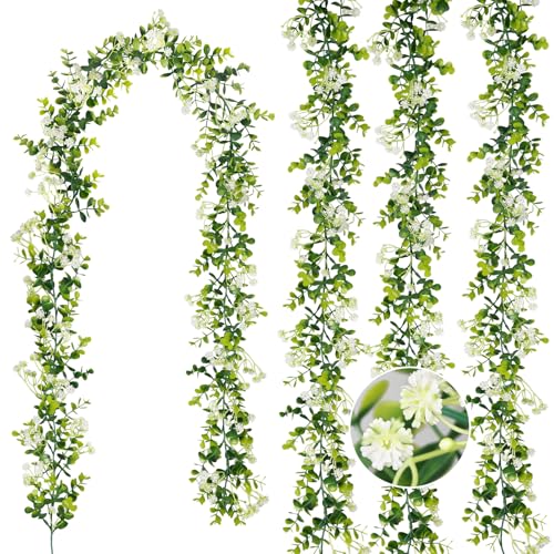 HIAGROW 6FT Eucalyptus Garland with Flowers 4 Pack Greenery Hanging Summer Eucalyptus Garland Suitable for Table Wedding Backdrop Arch Wall Party Thanksgiving UV Protected Indoor Outdoor Decorations - Image 1