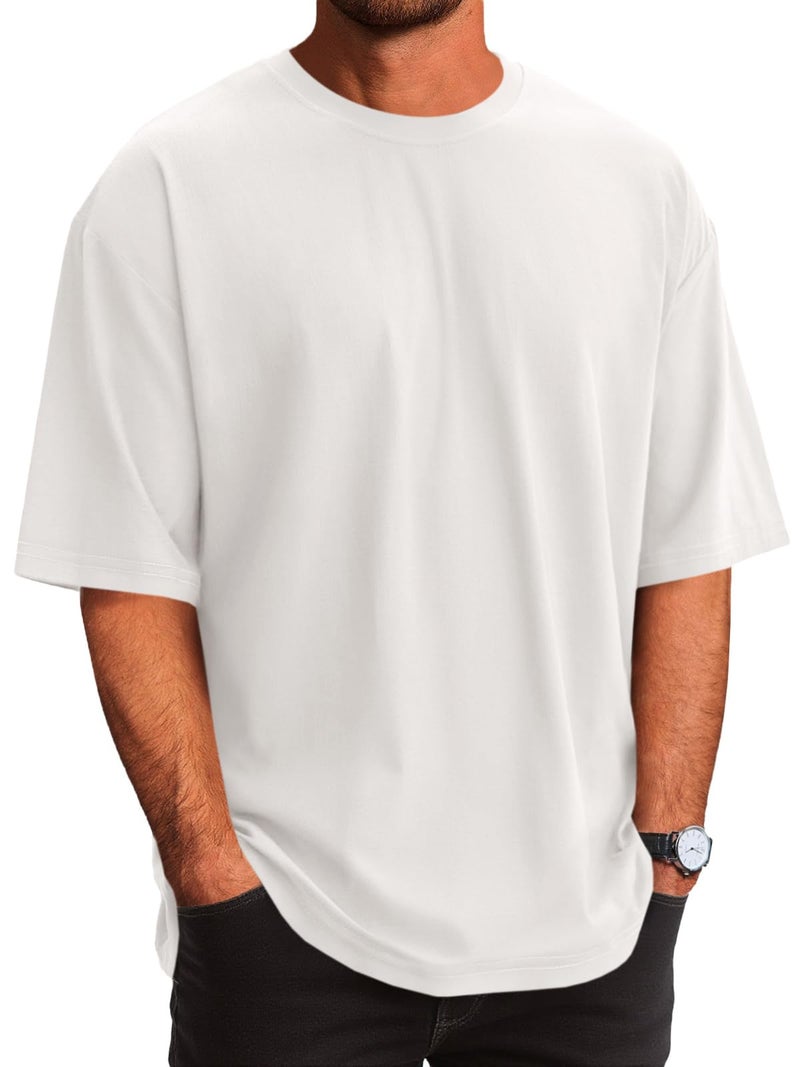 Runcati Mens Casual T-Shirts Short Sleeve Lightweight Oversized Summer Cotton Tee Beach Crew Neck Tops White - Image 1