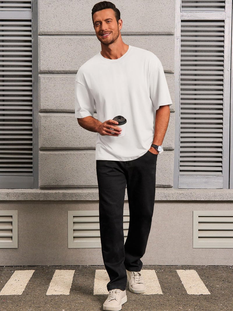 Runcati Mens Casual T-Shirts Short Sleeve Lightweight Oversized Summer Cotton Tee Beach Crew Neck Tops White - Image 4