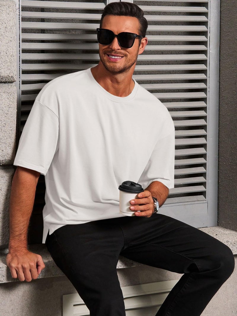 Runcati Mens Casual T-Shirts Short Sleeve Lightweight Oversized Summer Cotton Tee Beach Crew Neck Tops White - Image 2