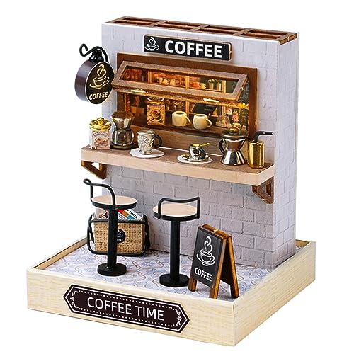 Kisoy Dollhouse Miniature with Furniture Kit DIY 3D Wooden DIY House Kit with Dust CoverHandmade Tiny House Toys for Teens Adults Gift Coffee Time - Image 1