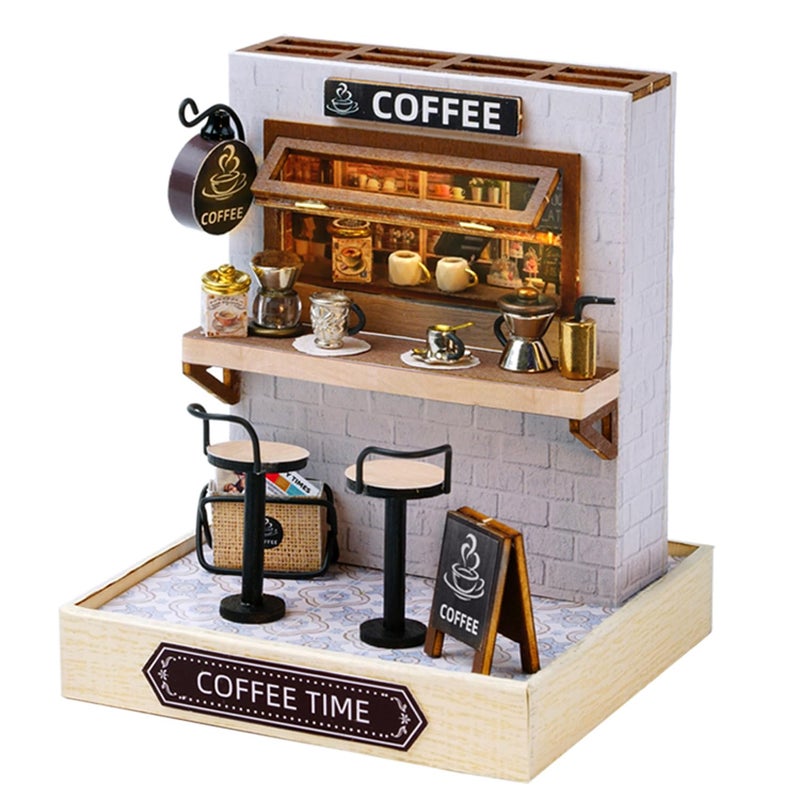 Kisoy Dollhouse Miniature with Furniture Kit DIY 3D Wooden DIY House Kit with Dust CoverHandmade Tiny House Toys for Teens Adults Gift Coffee Time - Image 3