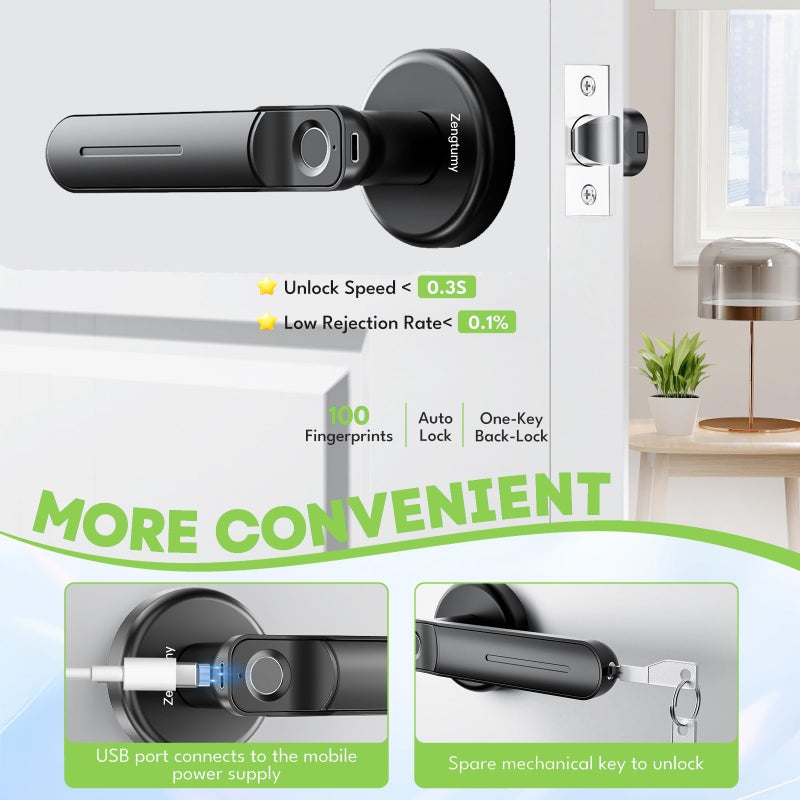 Zengtumy Fingerprint Door Lock, Door Locks for Bedrooms, Keyless Entry Door Lock with Fingerprint/Key-Smart Door Lock for Home, Hotel, Office, Apartment-Black - Image 3