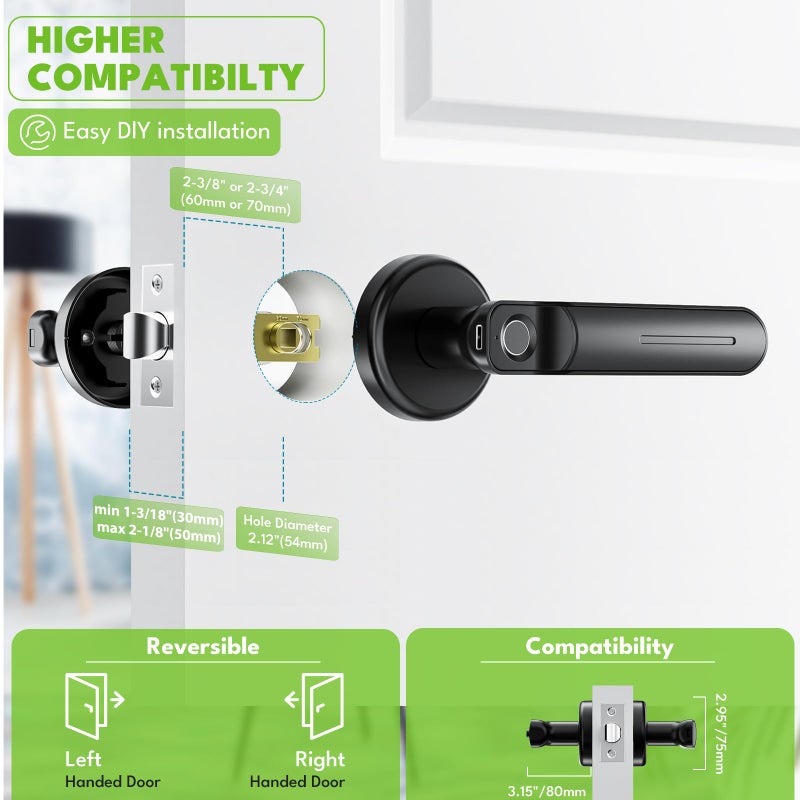 Zengtumy Fingerprint Door Lock, Door Locks for Bedrooms, Keyless Entry Door Lock with Fingerprint/Key-Smart Door Lock for Home, Hotel, Office, Apartment-Black - Image 2