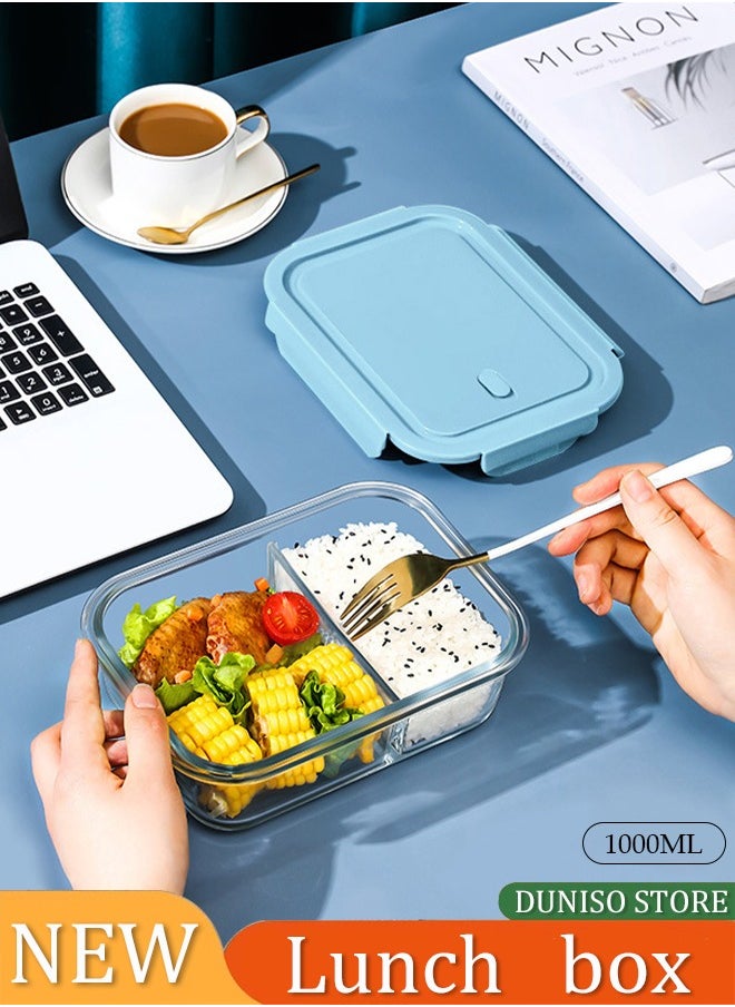 DUNISO Glass Lunch Box Meal Prep Containers Food Storage Box With Lid Leak Proof Lunch Container Microwavable 1000ML Capacity (Blue, 2 Compartment)  - Image 1