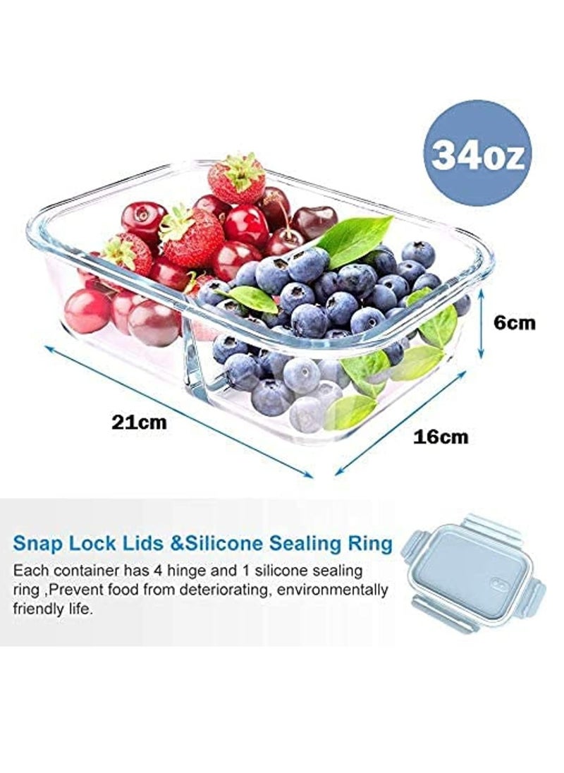 DUNISO Glass Lunch Box Meal Prep Containers Food Storage Box With Lid Leak Proof Lunch Container Microwavable 1000ML Capacity (Blue, 2 Compartment)  - Image 3
