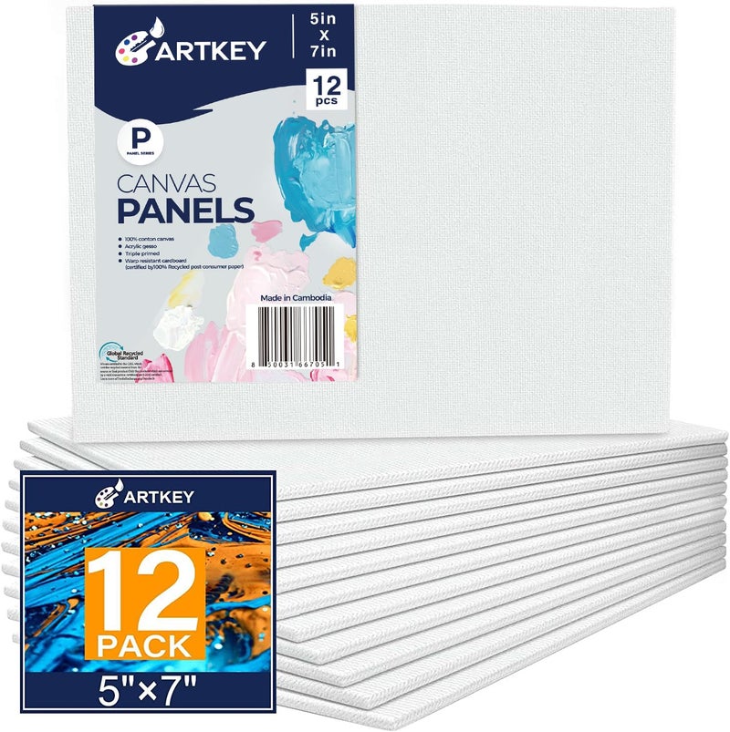 Artkey Canvas Boards 5x7 Inch 12Pack 10 oz Primed 100 Cotton White Blank Canvases for Painting Art Paint Canvas Panels for Acrylic Oil Watercolor Tempera Paints