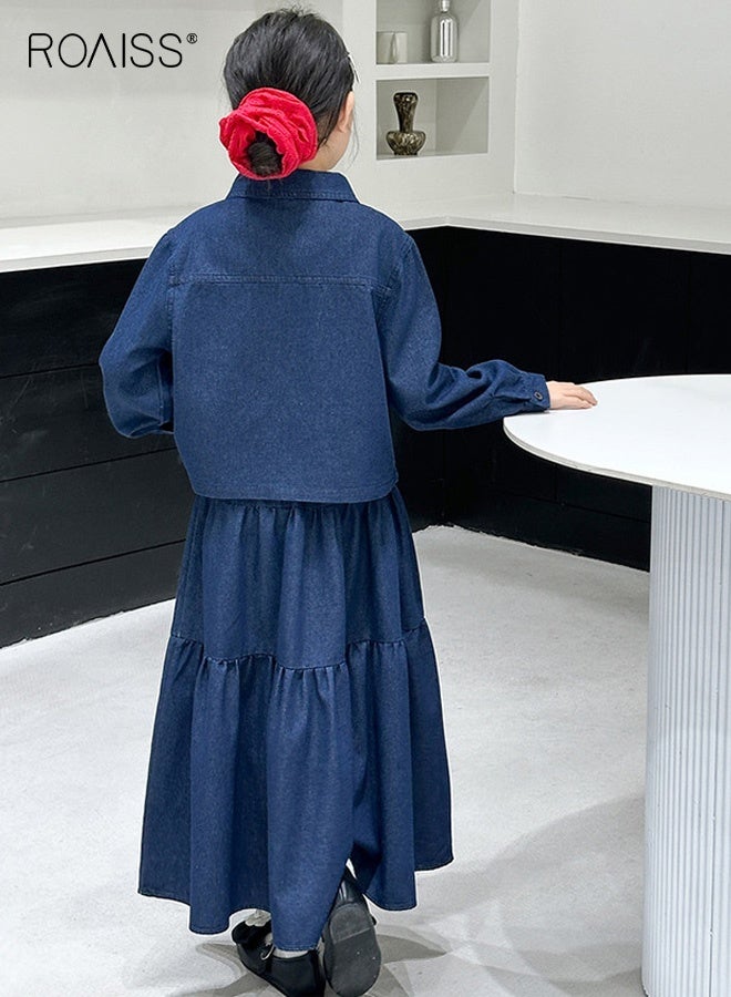 رويس طقم ملابس من قطعتين للفتيات، جاكيت جينز وتنورة ماكسي، طقم ملابس أنيق للأطفال مع قميص كاوبوي بأزرار وتنورة بخصر مطاطي، طقم مثالي للارتداء اليومي ولأي مناسبة - Image 3