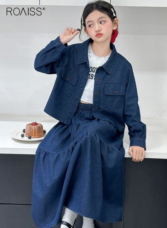 رويس طقم ملابس من قطعتين للفتيات، جاكيت جينز وتنورة ماكسي، طقم ملابس أنيق للأطفال مع قميص كاوبوي بأزرار وتنورة بخصر مطاطي، طقم مثالي للارتداء اليومي ولأي مناسبة - Image 2