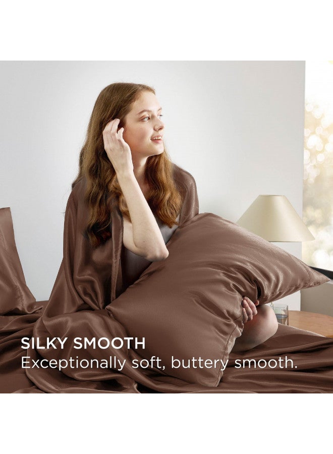 Bedsure Bedsure Satin Sheets - Soft King Sheet Set, 4 Pcs King Bed Sheets, Similar to Silk Sheets, Bed Sheets King Size for Hair and Skin, Gifts for Women (Coffee, King)  - Image 2