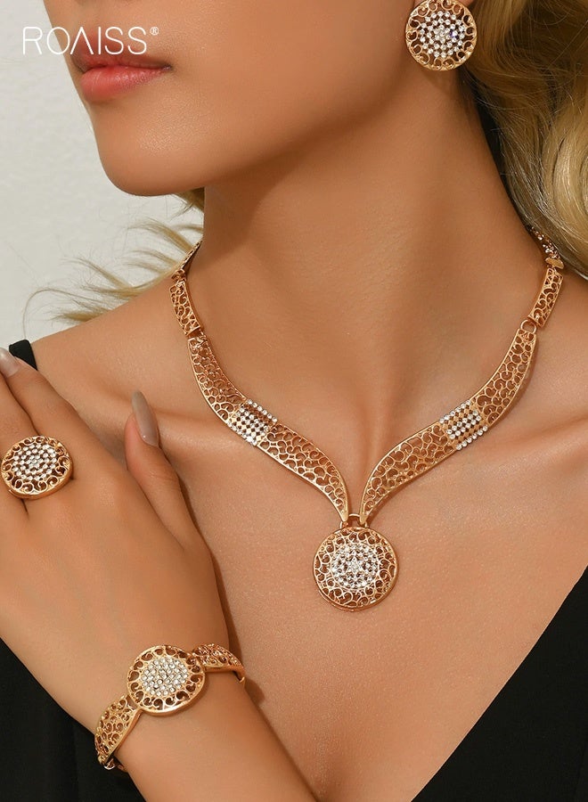 roaiss Women's Fashionable Exaggerated Hollow Geometric Round 4-Piece Jewelry Set Lightweight Including Necklace, Earrings, Bracelet and Ring Perfectly Matches Dresses and Banquets - Image 1