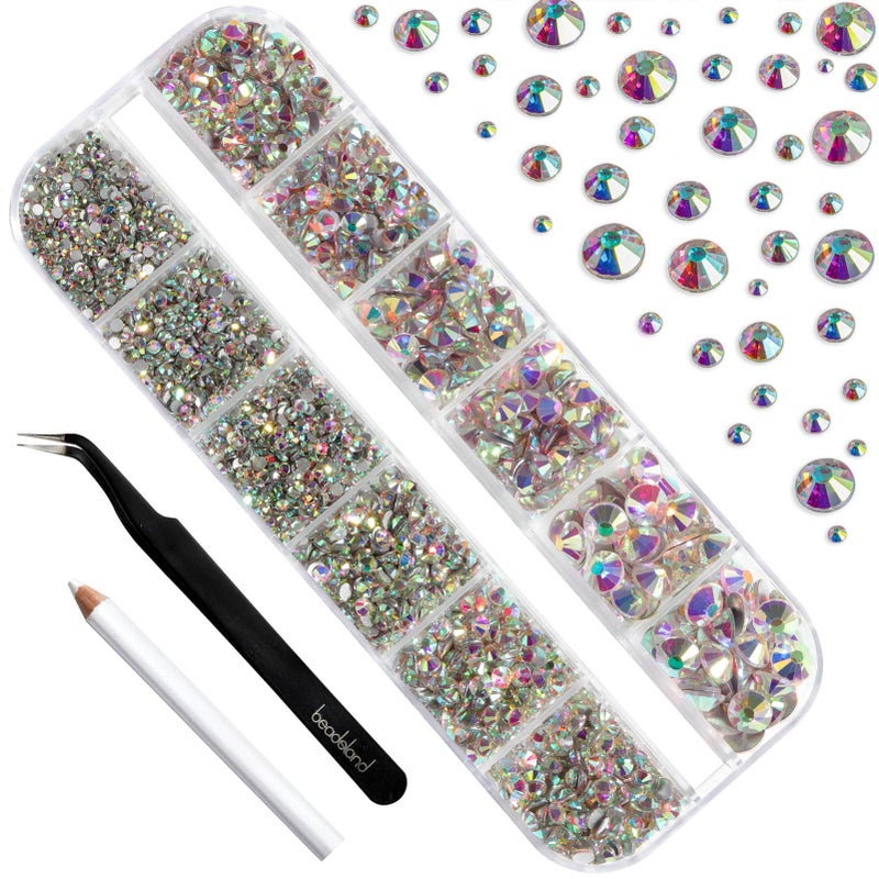 Beadsland Rhinestones for Makeup,8 Sizes 2500pcs Crystal AB Flatback Rhinestones Eye Gems for Nails Crafts with Tweezers and Wax Pencil,Crystal AB,SS4-SS30 - Image 2