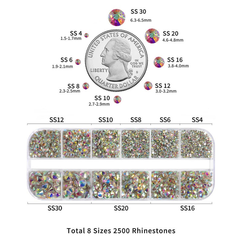 Beadsland Rhinestones for Makeup,8 Sizes 2500pcs Crystal AB Flatback Rhinestones Eye Gems for Nails Crafts with Tweezers and Wax Pencil,Crystal AB,SS4-SS30 - Image 4