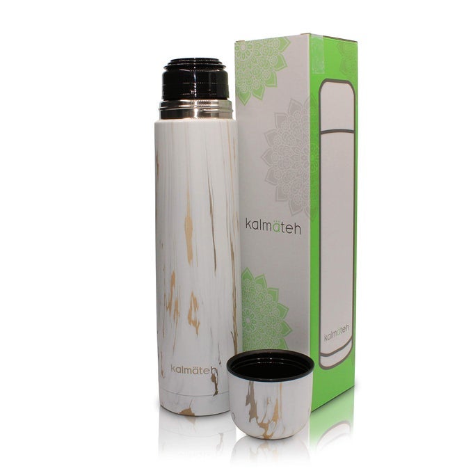 MODERN ELEGANT YERBA MATE THERMOS VACUUM INSULATED AND DOUBLE WALLED 188 STAINLESS STEEL BPA FREE THERMOS SPECIALLY DESIGNED FOR USE WITH MATE CUP OR MATE GOURD GOLD MARBLE 1000ML