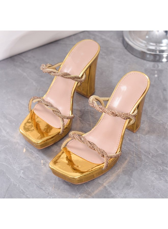 Summer Hot Style Flash Diamond Wrapped Open Toe Thick Heel Sandals Gold And Silver Two-color Thick-soled Women's Slippers Ready For Sale