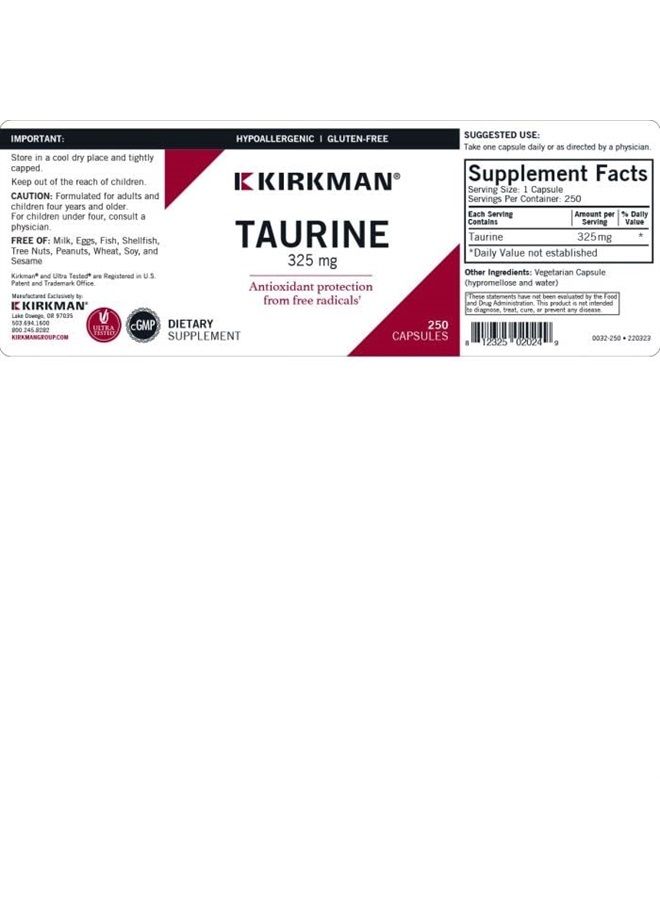 Kirkman L-Taurine 325 mg Capsules - Hypo - 250 ct. - Image 3