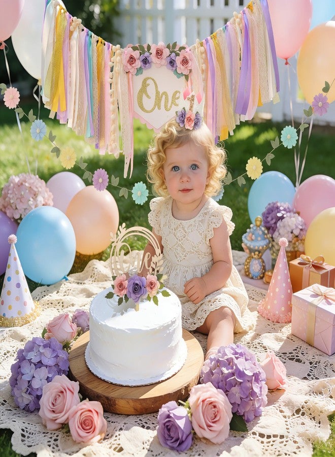 HODIHIWI Wildflower 1st High Chair Banner Birthday Decorations For Girls Flower Cake Topper Hat Floral Theme Party Decoration - Image 3