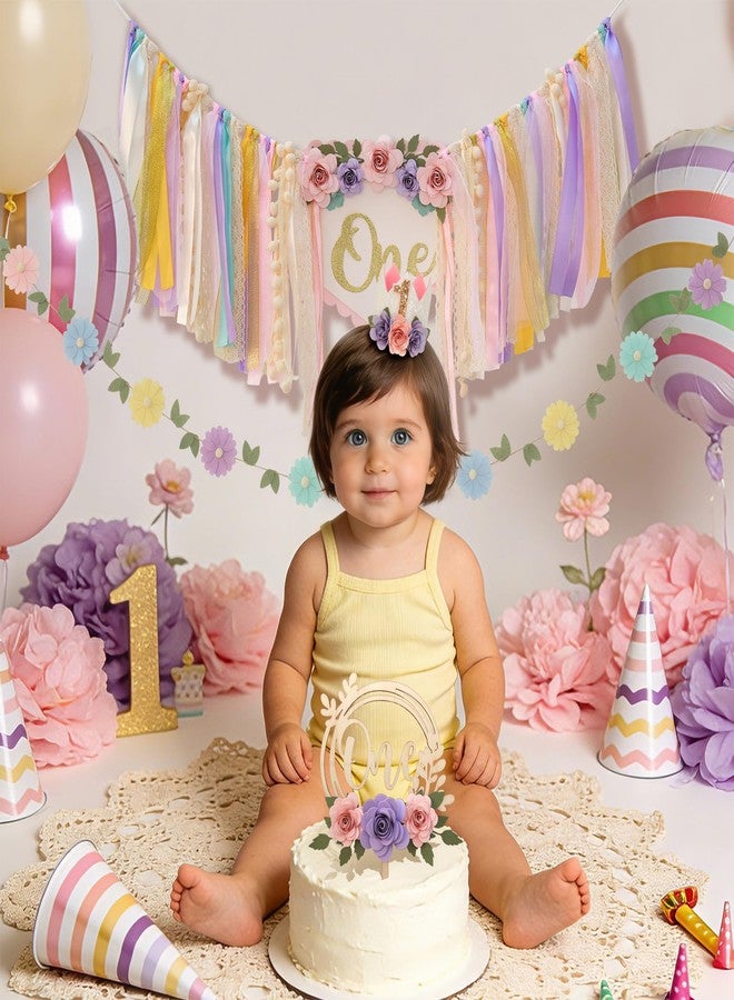 HODIHIWI Wildflower 1st High Chair Banner Birthday Decorations For Girls Flower Cake Topper Hat Floral Theme Party Decoration - Image 5
