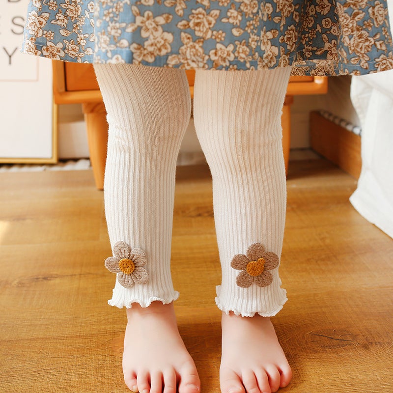 New Fine Vertical Striped Sunflower Ear Edge Children'S Nine-Point Pants Open-File Baby Girl Leggings - Image 1
