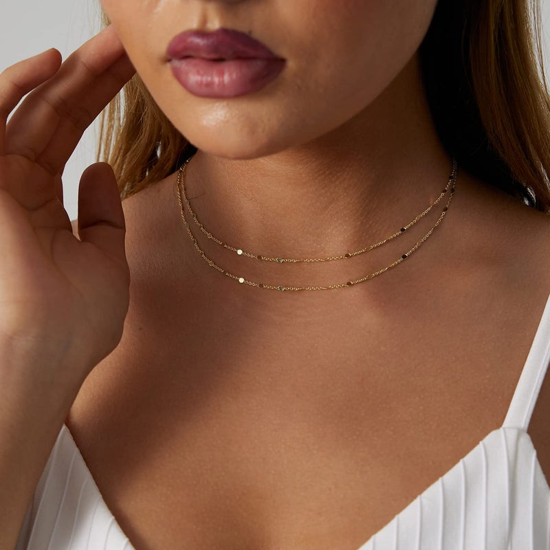BERISO 14K Gold/Silver Plated Choker Necklace for Women Shining Dots Station Gold Chain Necklace Beads Sparkle Chain Necklace Link Chain Exquisite Jewelry for women - Image 3