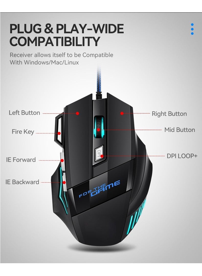 Wired optical gaming mouse, 7 programmable buttons, gaming mouse with Led color backlight, (black/blue), 17x9.5x5cm，3200DPI  - Image 3