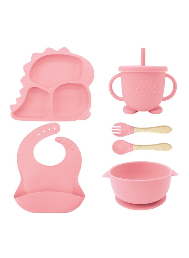 WAOKN 6Pcs Baby Silicone Tableware Set Special For Infants To Eat Their Own Training Tableware Set Including Complementary Food Bowl Sippy Cup Dinner Plate Bib Fork And Spoon(Light pink)  - Image 1