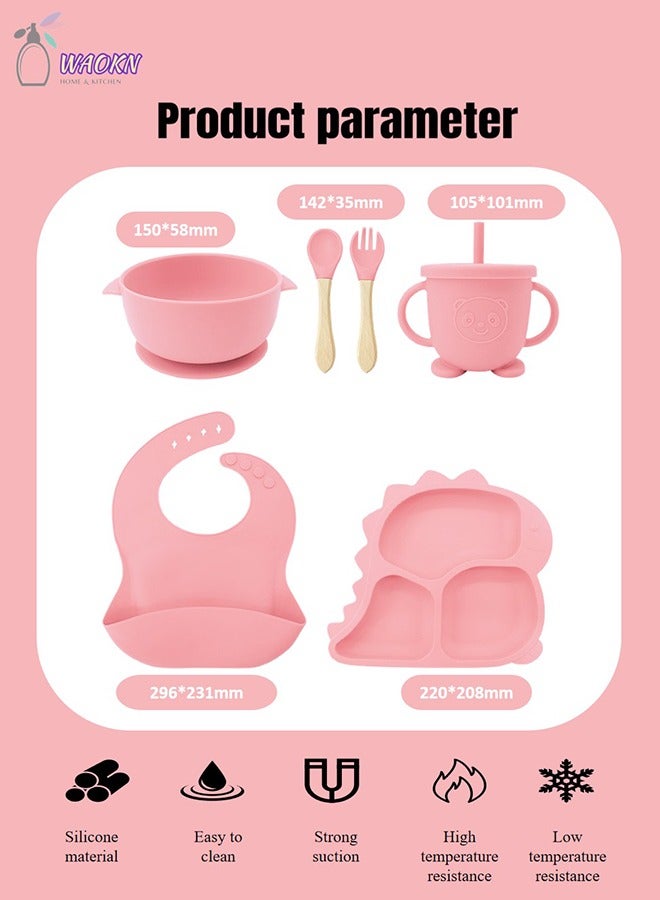 WAOKN 6Pcs Baby Silicone Tableware Set Special For Infants To Eat Their Own Training Tableware Set Including Complementary Food Bowl Sippy Cup Dinner Plate Bib Fork And Spoon(Light pink)  - Image 2