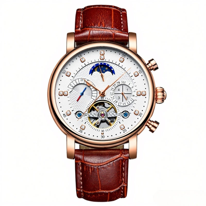 KINYUED Wristwatch Brown & Rose Gold Shiny Rhinestones & Color Self-wind Mechanical Movement - Multi Functions Moon Phase Week Calendar Luxury Timepiece for Fashion Accessory Gift - Image 1