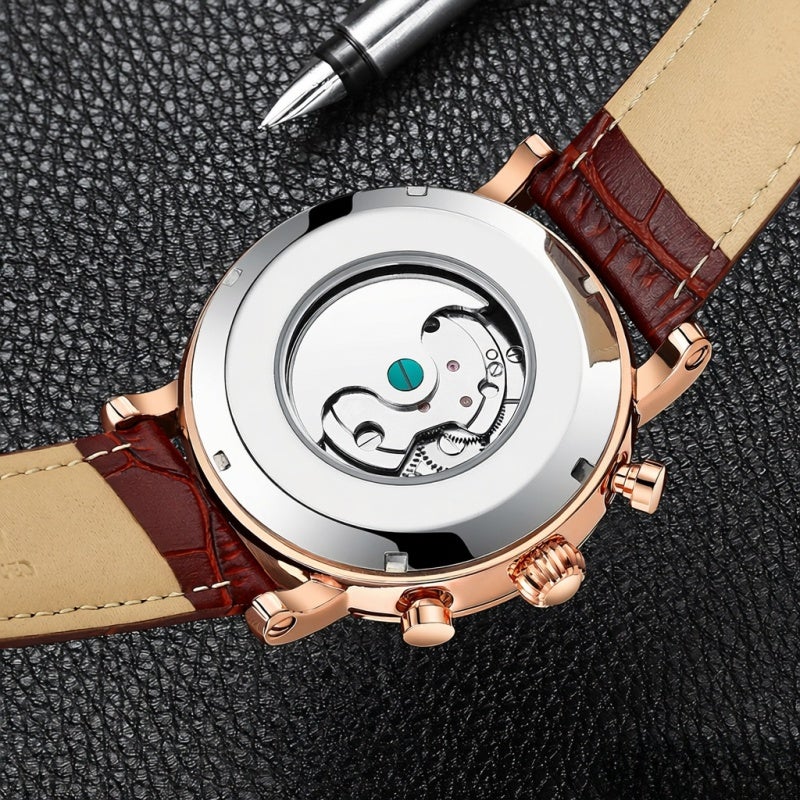 KINYUED Wristwatch Brown & Rose Gold Shiny Rhinestones & Color Self-wind Mechanical Movement - Multi Functions Moon Phase Week Calendar Luxury Timepiece for Fashion Accessory Gift - Image 5