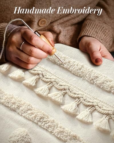 Kokaaee Throw Pillow Covers 18x18 Tufted Boho Decorative Pillow Cover with Zipper for Couch Sofa Bed Living Room Aesthetic Soft Farmhouse Textured Striped Indoor Pillowcase Cream Tassel - Image 3