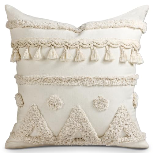Kokaaee Throw Pillow Covers 18x18 Tufted Boho Decorative Pillow Cover with Zipper for Couch Sofa Bed Living Room Aesthetic Soft Farmhouse Textured Striped Indoor Pillowcase Cream Tassel - Image 1