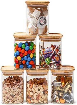 Ezoware 6 Piece Clear Glass Jars Air Tight Stackable Square Kitchen Canister Food Storage Container Set Bamboo Lids For Candy, Cookie, Rice, Sugar, Flour, Pasta, Nuts - 700Ml