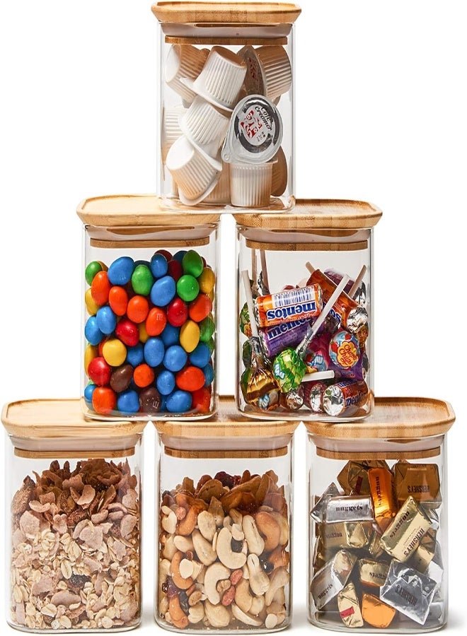 AKDC Ezoware 6 Piece Clear Glass Jars Air Tight Stackable Square Kitchen Canister Food Storage Container Set Bamboo Lids For Candy, Cookie, Rice, Sugar, Flour, Pasta, Nuts - 700Ml - Image 4
