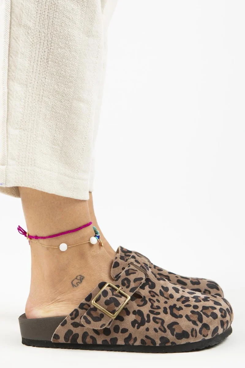 Manijero Manijero Zeta Leopard Women's Genuine Leather Clogs with Belt and Buckle, Mink Color