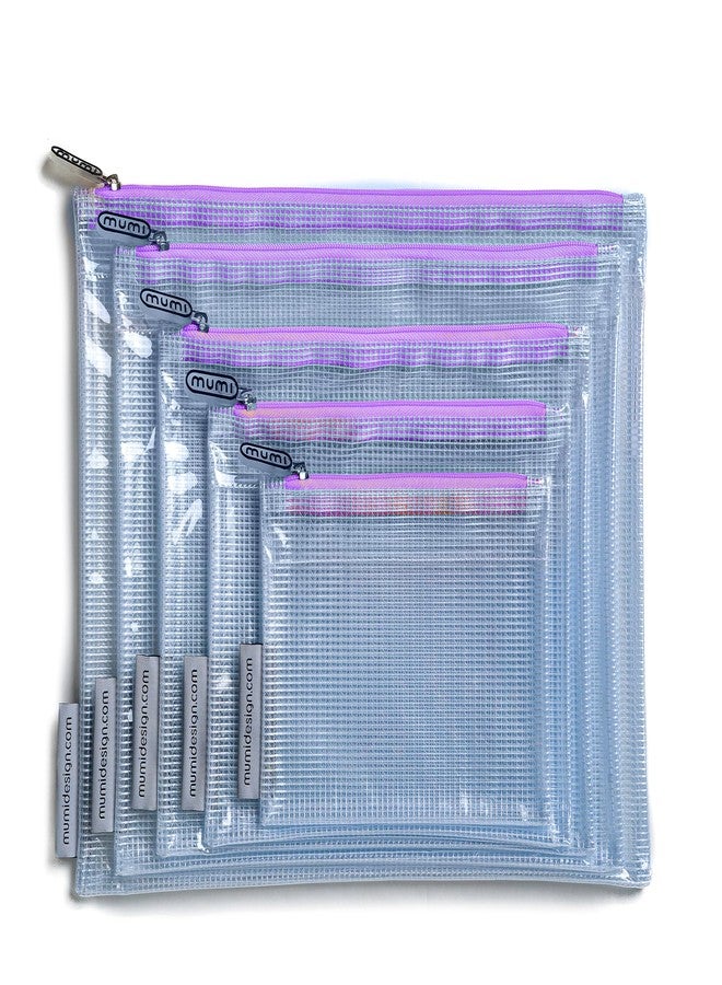 MUMI 5 Multi-Size Organizing Bags - Clear Zipper Pouches with 10 Labels - Reusable Waterproof Mesh Storage Bag, Small Zipper Pouches for Travel, Supplies, Toys, Puzzle Bags & Organization (Purple) - Image 1