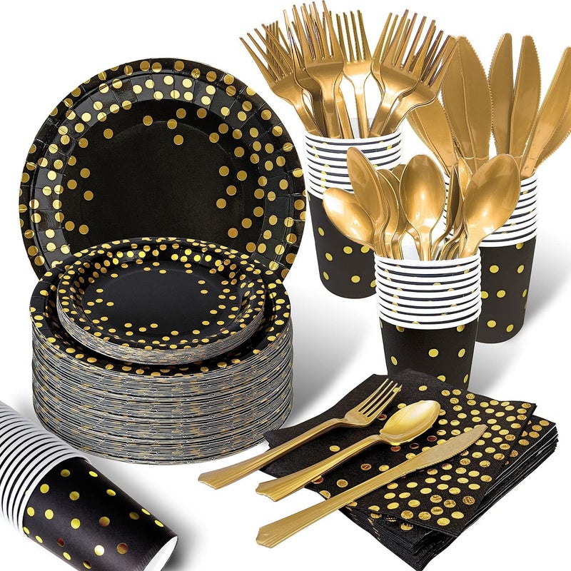 AIRE 350PCS Black and Gold Party Decorations  50 Guests 2023 Graduation Party Prom Decorations Gold Plastic Forks Knives Spoons Party Paper Plates Napkins Cups for Party Birthday New Year