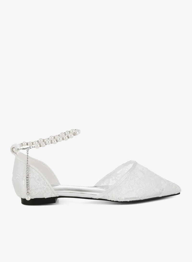 Pearl & Rhinestone Strap Flat Sandals in White