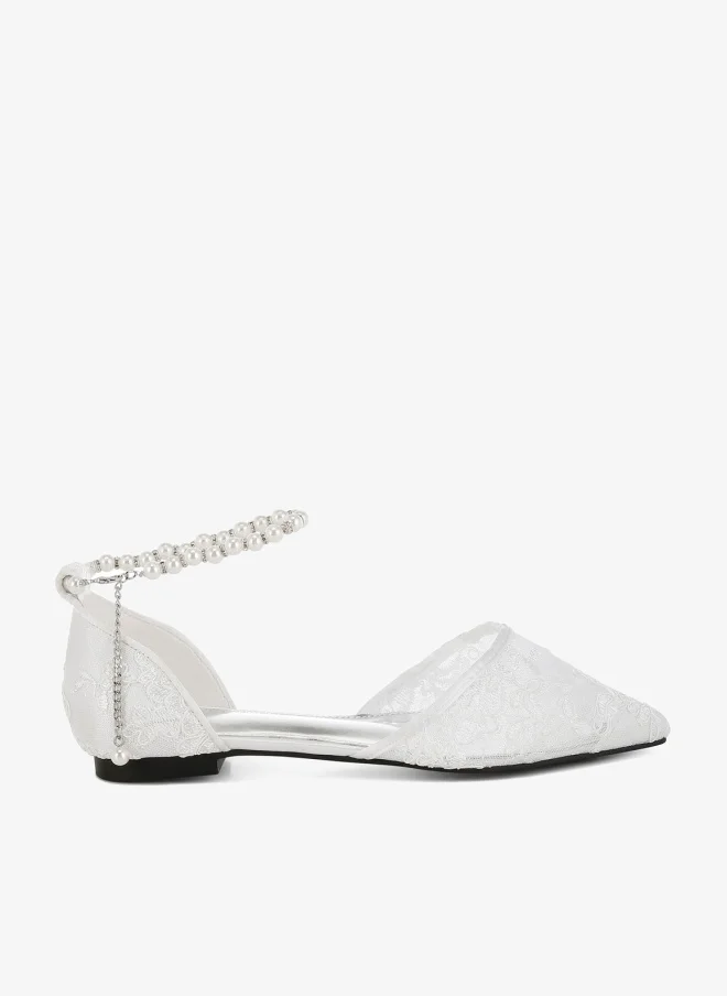 Pearl & Rhinestone Strap Flat Sandals in White
