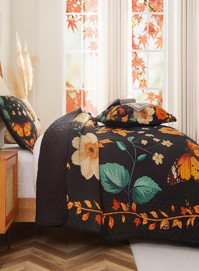 EVENHUG Floral Quilts Set Queen Size Sunflower Bedding Sets with 2 Pillow Shams Reversible Black Bedspread Coverlet Lightweight Soft Bed Cover for All Season 3 Piece (92"X96") - Image 5