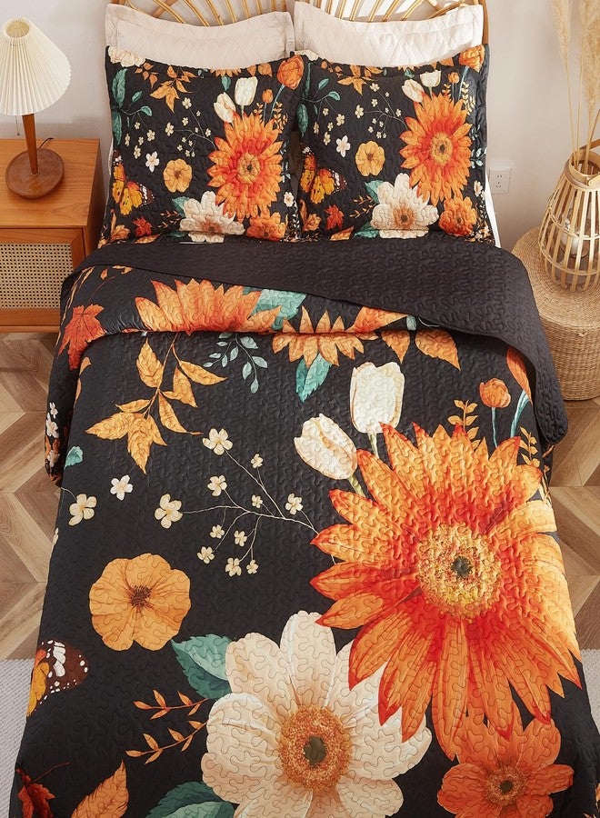 EVENHUG Floral Quilts Set Queen Size Sunflower Bedding Sets with 2 Pillow Shams Reversible Black Bedspread Coverlet Lightweight Soft Bed Cover for All Season 3 Piece (92"X96") - Image 3