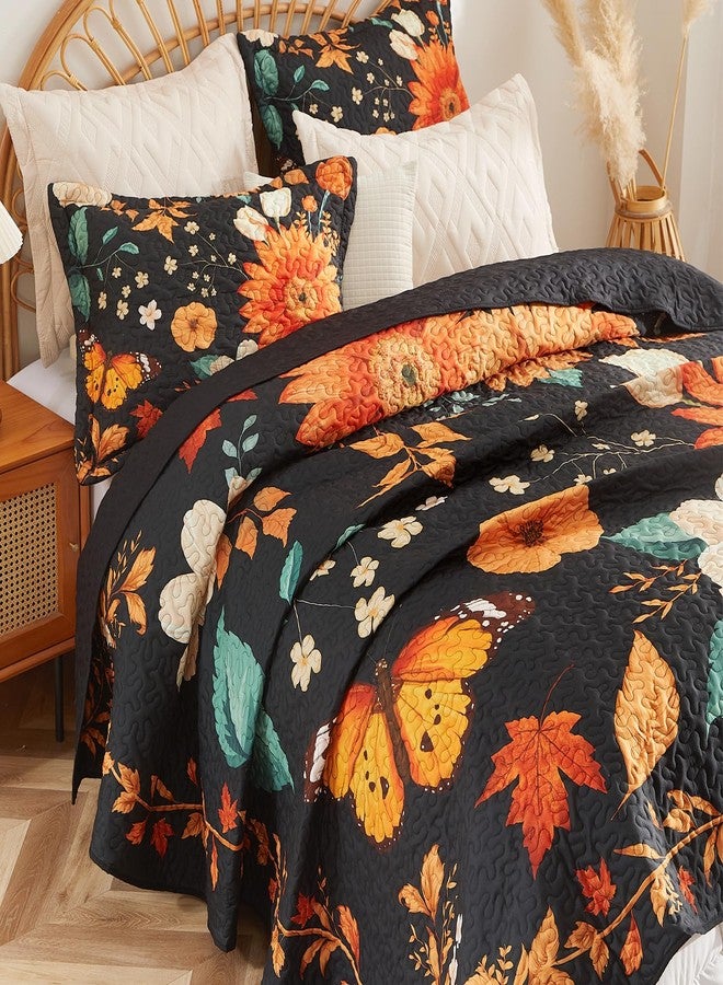 EVENHUG Floral Quilts Set Queen Size Sunflower Bedding Sets with 2 Pillow Shams Reversible Black Bedspread Coverlet Lightweight Soft Bed Cover for All Season 3 Piece (92"X96") - Image 4