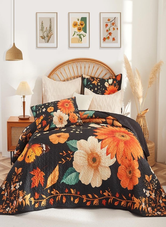 EVENHUG Floral Quilts Set Queen Size Sunflower Bedding Sets with 2 Pillow Shams Reversible Black Bedspread Coverlet Lightweight Soft Bed Cover for All Season 3 Piece (92"X96") - Image 1