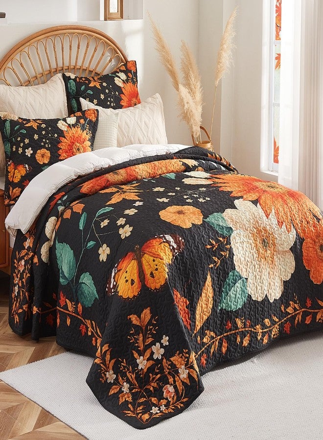 EVENHUG Floral Quilts Set Queen Size Sunflower Bedding Sets with 2 Pillow Shams Reversible Black Bedspread Coverlet Lightweight Soft Bed Cover for All Season 3 Piece (92"X96") - Image 2