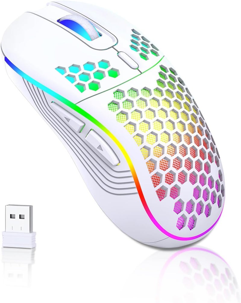 Wireless Gaming Mouse, WEKUBA USB PC Gaming Mouse, Rechargeable/RGB Backlight 6 Buttons Adjustable Lightweight Honeycomb Hollow Design/Ergonomic Mouse/for Mac, Laptop, Computer, PC(Wireless White) - Image 1
