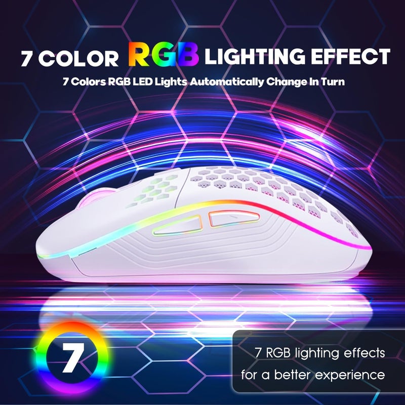 Wireless Gaming Mouse, WEKUBA USB PC Gaming Mouse, Rechargeable/RGB Backlight 6 Buttons Adjustable Lightweight Honeycomb Hollow Design/Ergonomic Mouse/for Mac, Laptop, Computer, PC(Wireless White) - Image 3