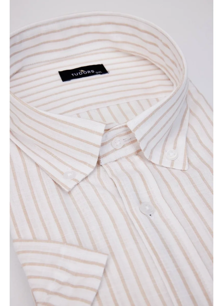Tudors Large Size Oversize Short Sleeve Striped Button Collar Single Pocket Linen Effect Summer White Men's Shirt