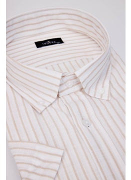 Tudors Large Size Oversize Short Sleeve Striped Button Collar Single Pocket Linen Effect Summer White Men's Shirt  - Image 1
