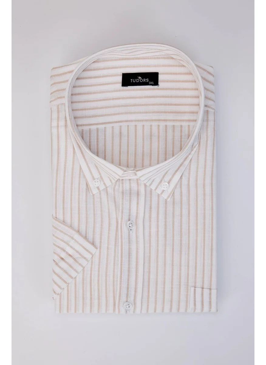 Tudors Large Size Oversize Short Sleeve Striped Button Collar Single Pocket Linen Effect Summer White Men's Shirt